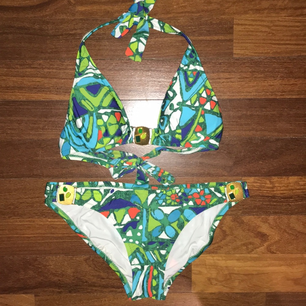EUC Trina Turk print bikini with metal/stone